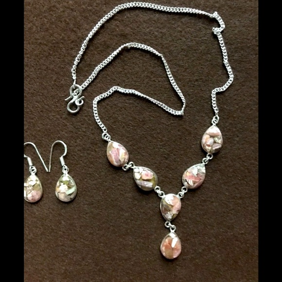 Jewelry - NEW Copper Rhodochrosite 925 Silver Necklace & Ear